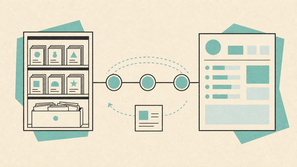 Paper collage of a script Library connected to an assistant workspace through MCP