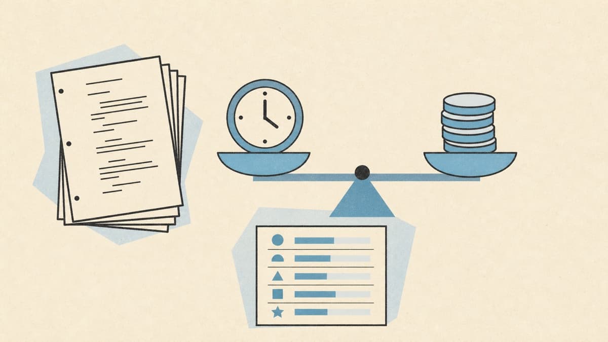 Paper collage balancing screenplay coverage time and cost assumptions