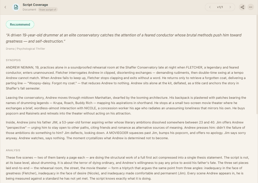 Prescene Coverage document with a recommendation, scores, synopsis, and screenplay analysis