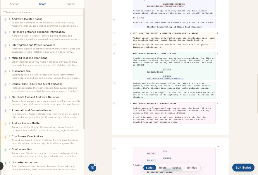 Prescene screenplay viewer with a beat index and scene-level overlays beside the script